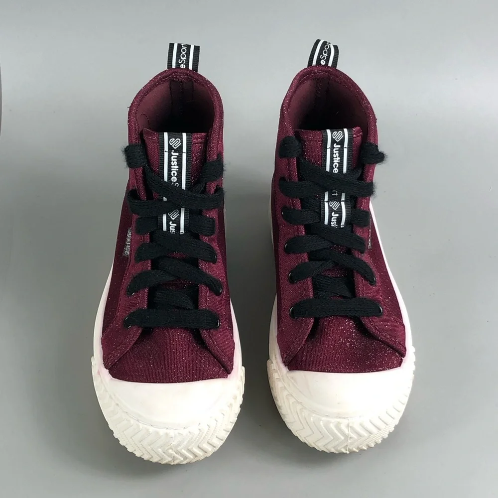 Justice Girls Burgundy Glitter High-Top Sneakers with Black Laces Size 3